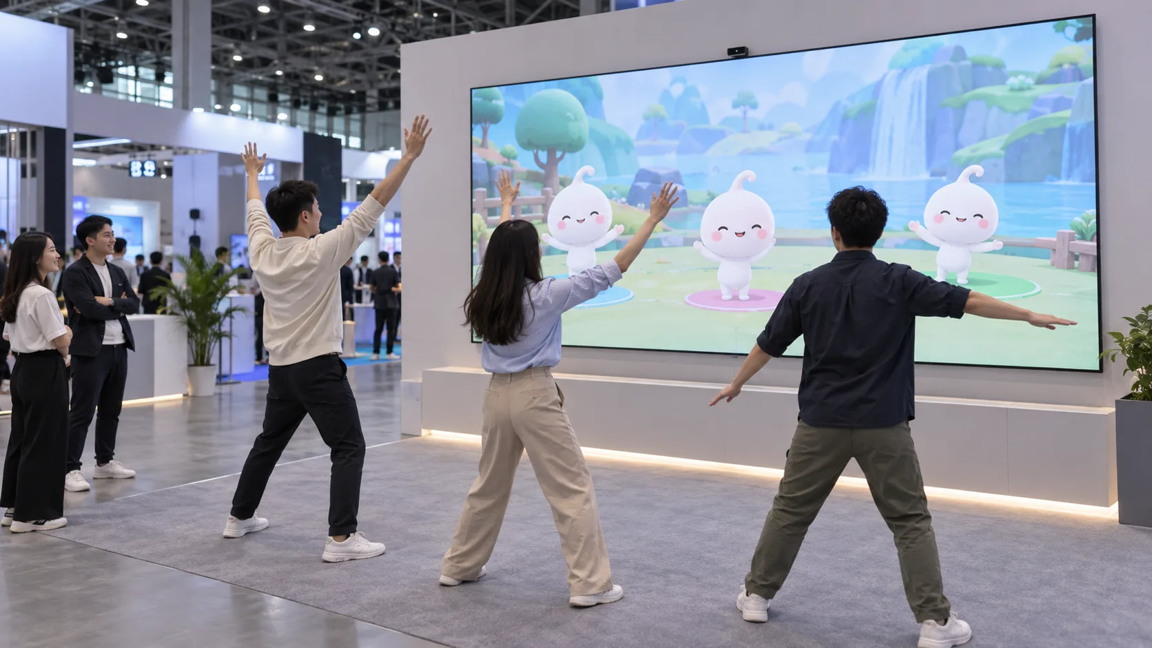 展台多人互动场景示意,三位访客通过动作控制大屏角色